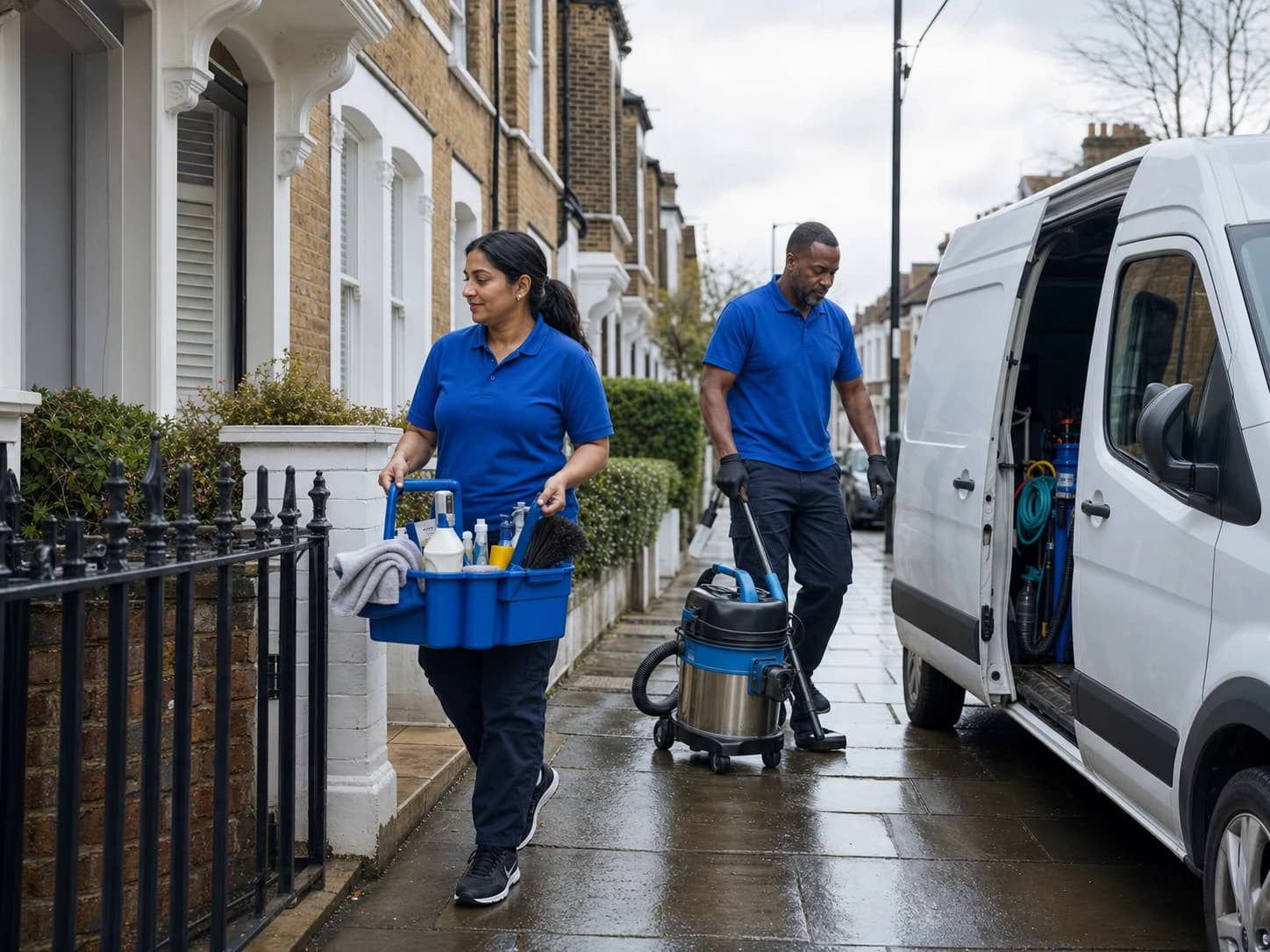 Two Engaged cleaners arriving at a London home with professional equipment