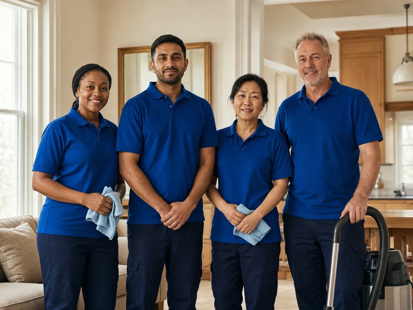 The multi-racial Engaged cleaning team in their royal-blue uniforms