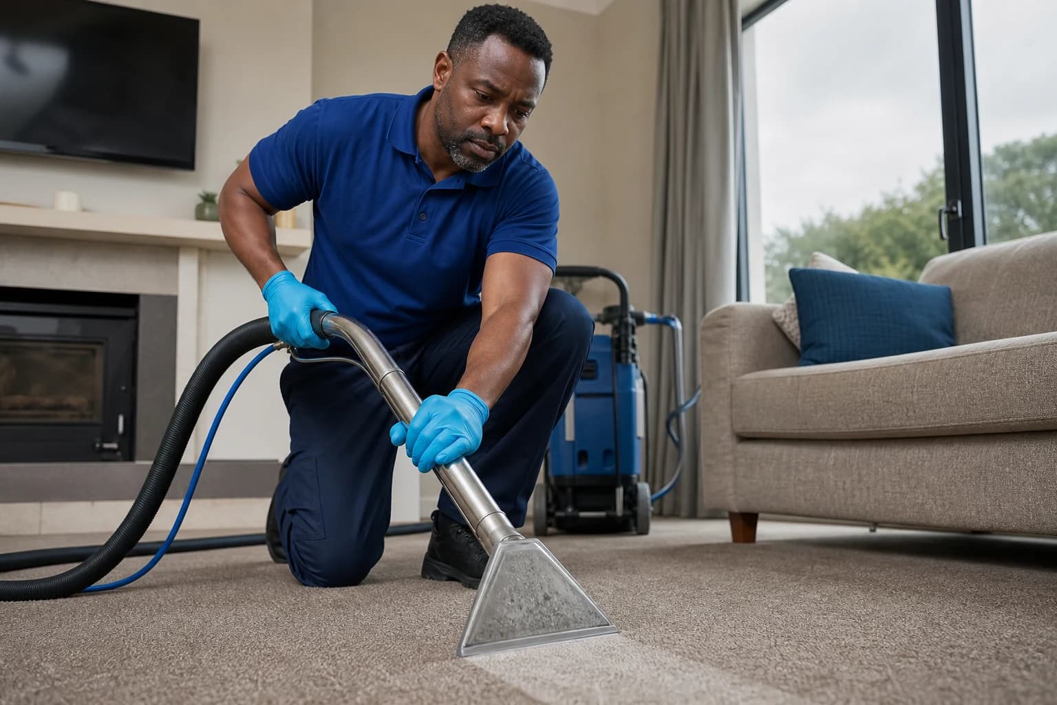 Close view of a carpet technician using a hot-water extraction wand