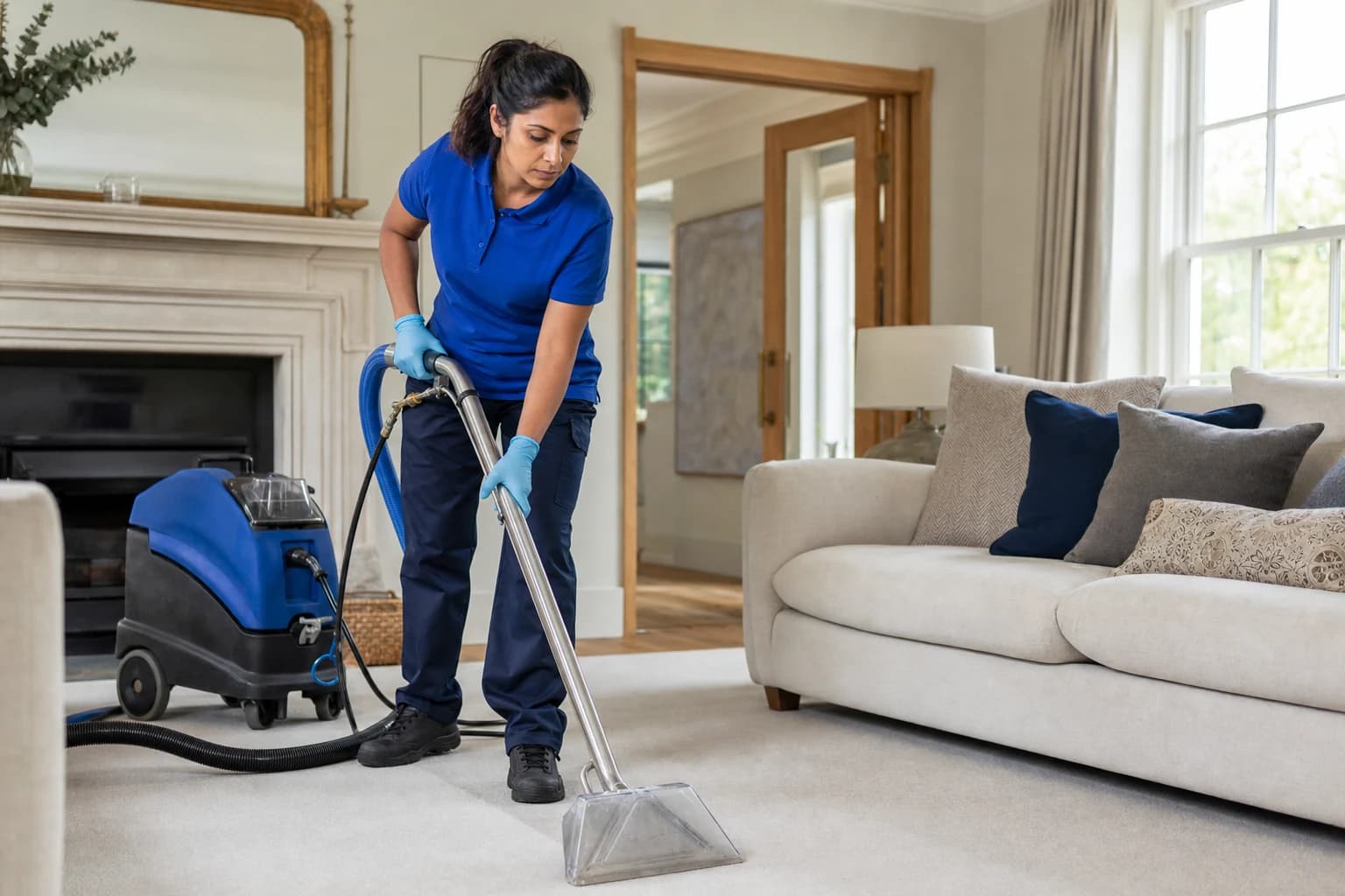 A professional cleaner extracting a light wool carpet in a living room