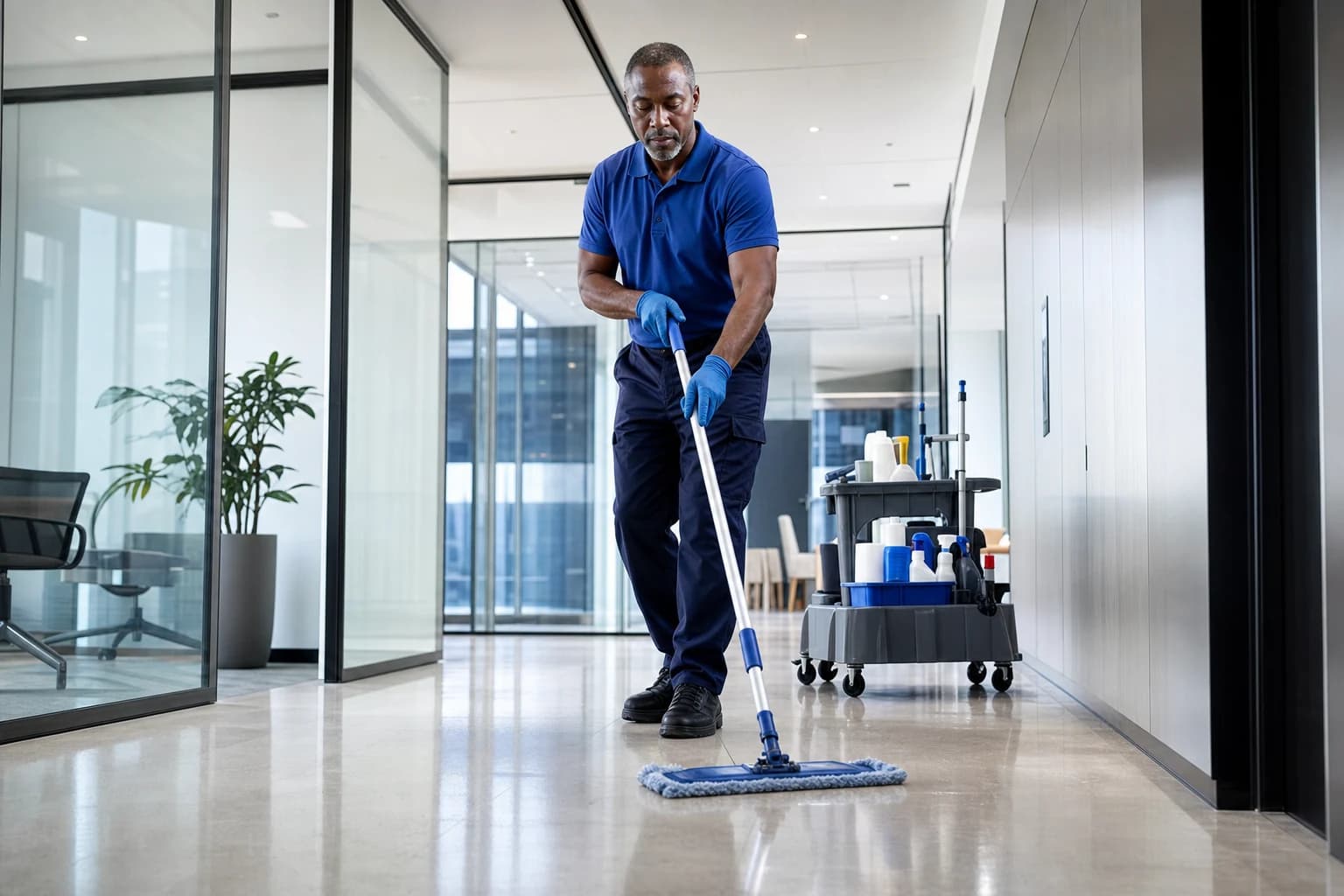 A cleaner mopping a bright glass-lined commercial corridor