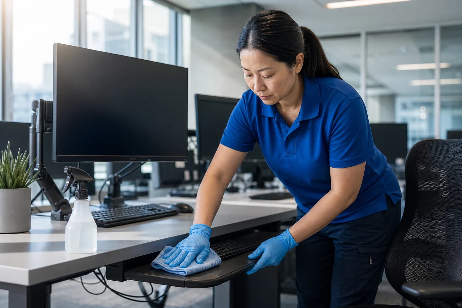 A commercial cleaner sanitising a modern office workstation