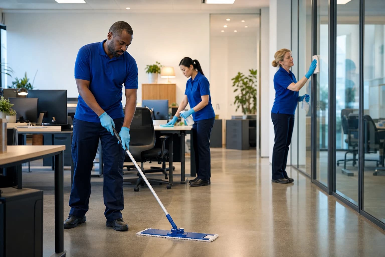 A diverse professional cleaning team working across a modern office