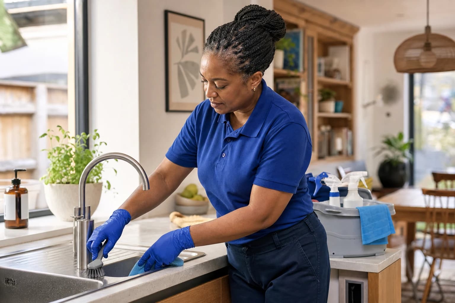 A cleaner detail-scrubbing a stainless-steel kitchen sink