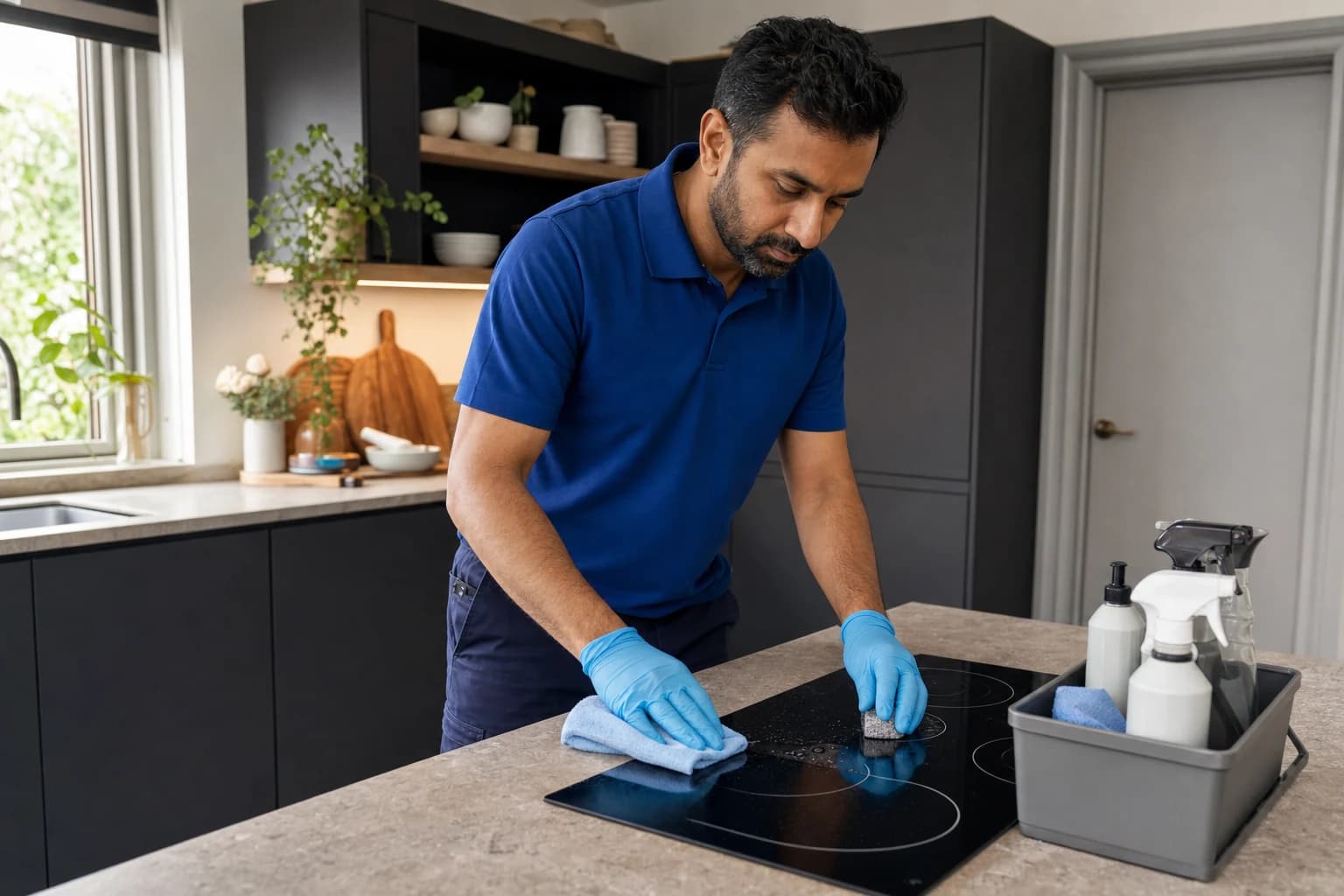A cleaner working carefully across a modern kitchen hob and worktop