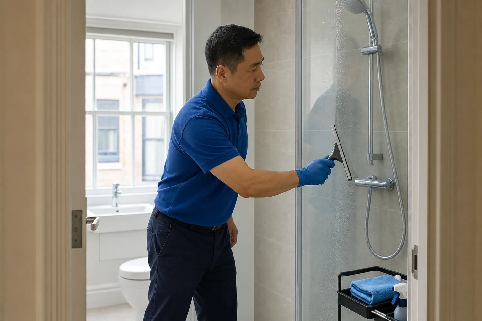 A cleaner polishing a glass shower enclosure in a rental bathroom