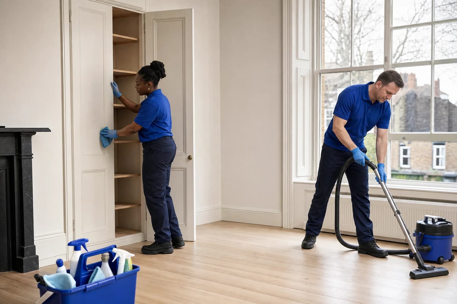 A two-person team completing an end-of-tenancy clean in an empty flat