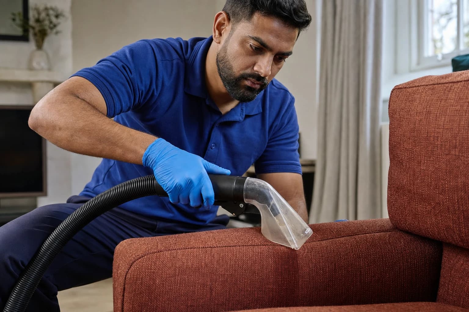 Detailed extraction cleaning along the seam of a fabric sofa