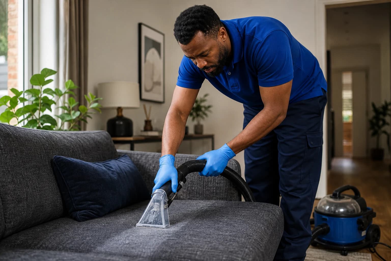 A technician cleaning a grey sofa with an upholstery extraction tool