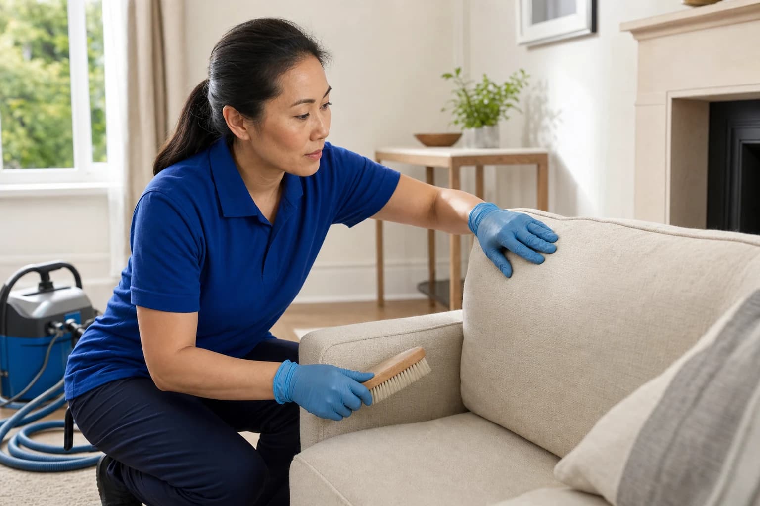 A cleaner inspecting the refreshed linen upholstery of a sofa