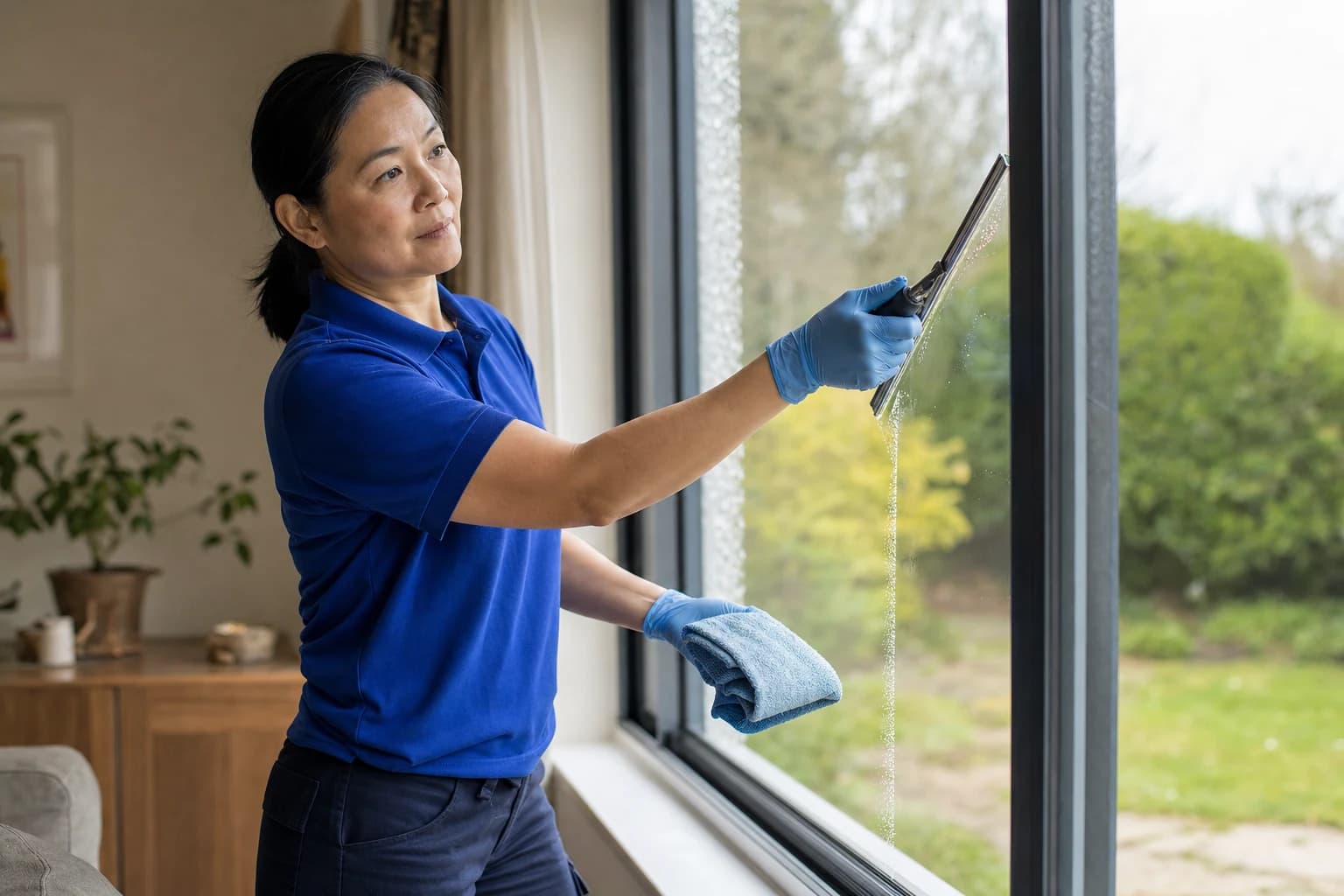 A cleaner finishing the inside of a large picture window