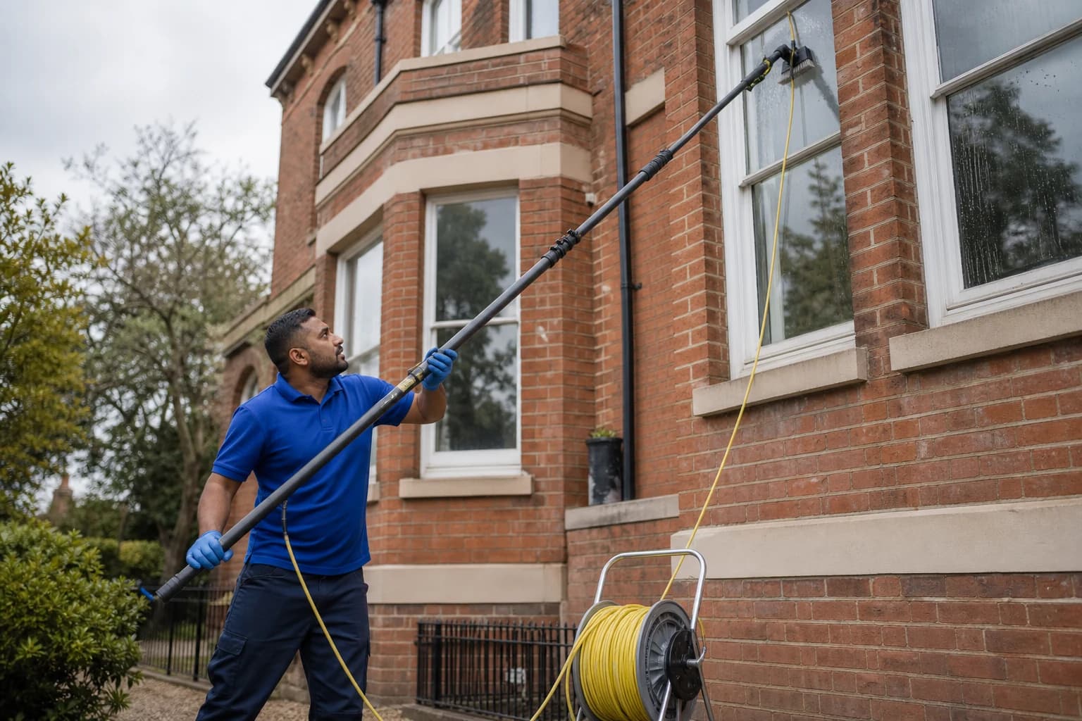 A reach-and-wash system cleaning upper windows from ground level